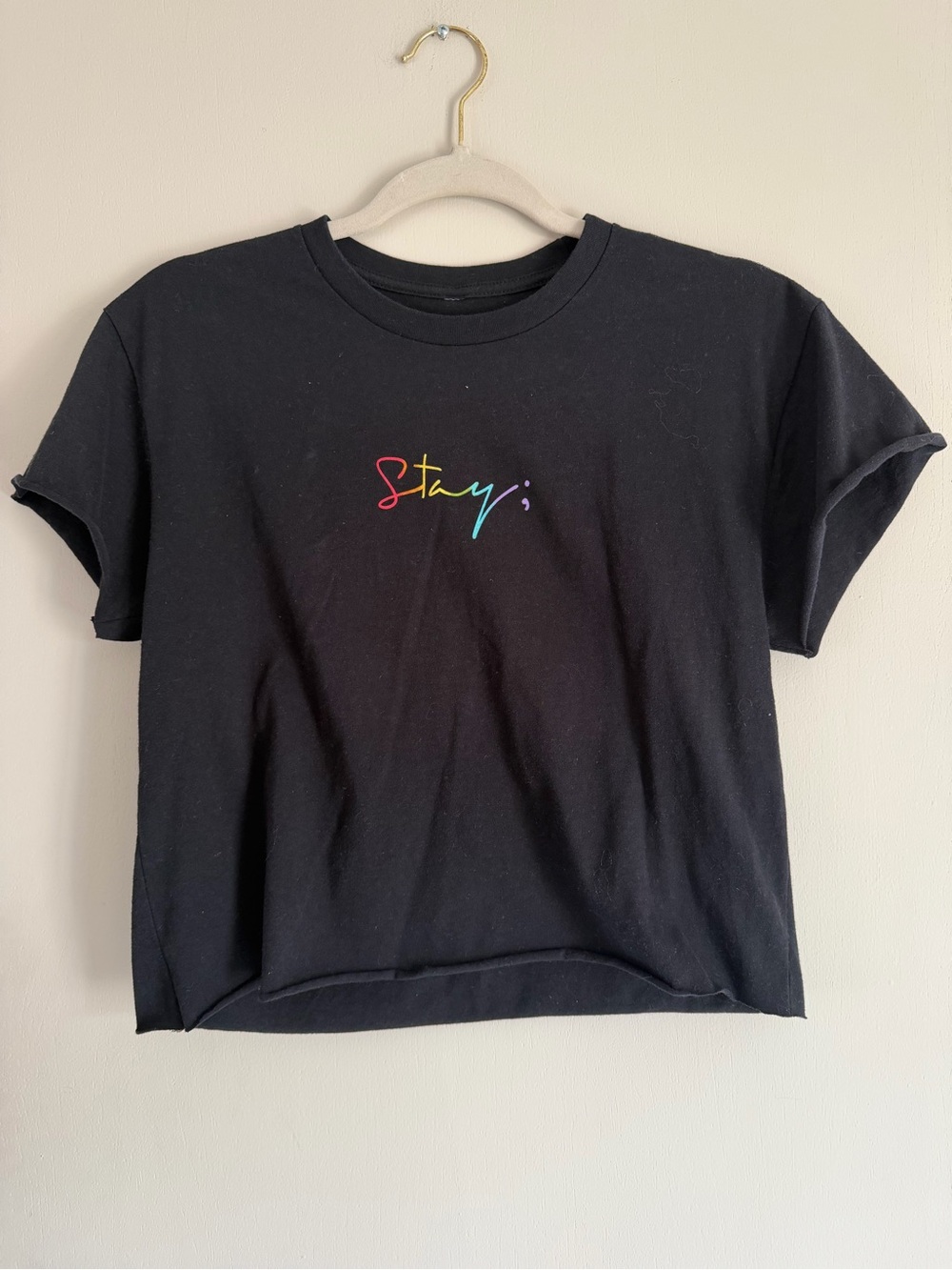 Black Crop Tee with Rainbow 'Stay' Script